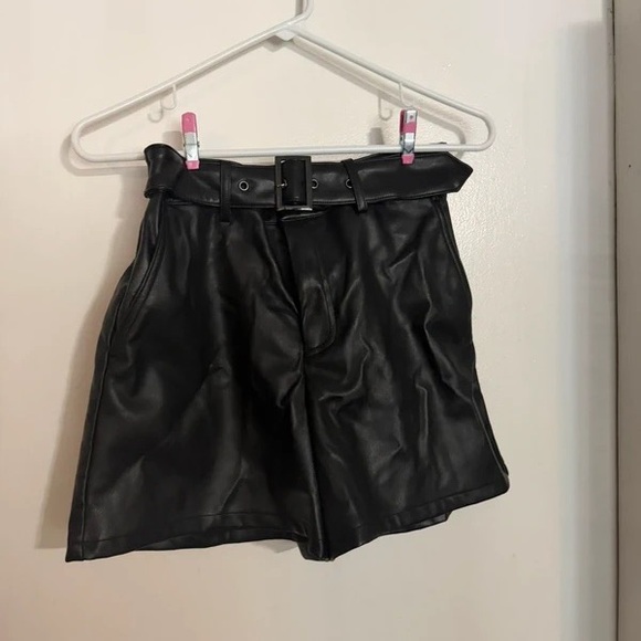 Bar III Pants - Bar III Black Faux Leather High-Waist Paperbag Shorts with Belt